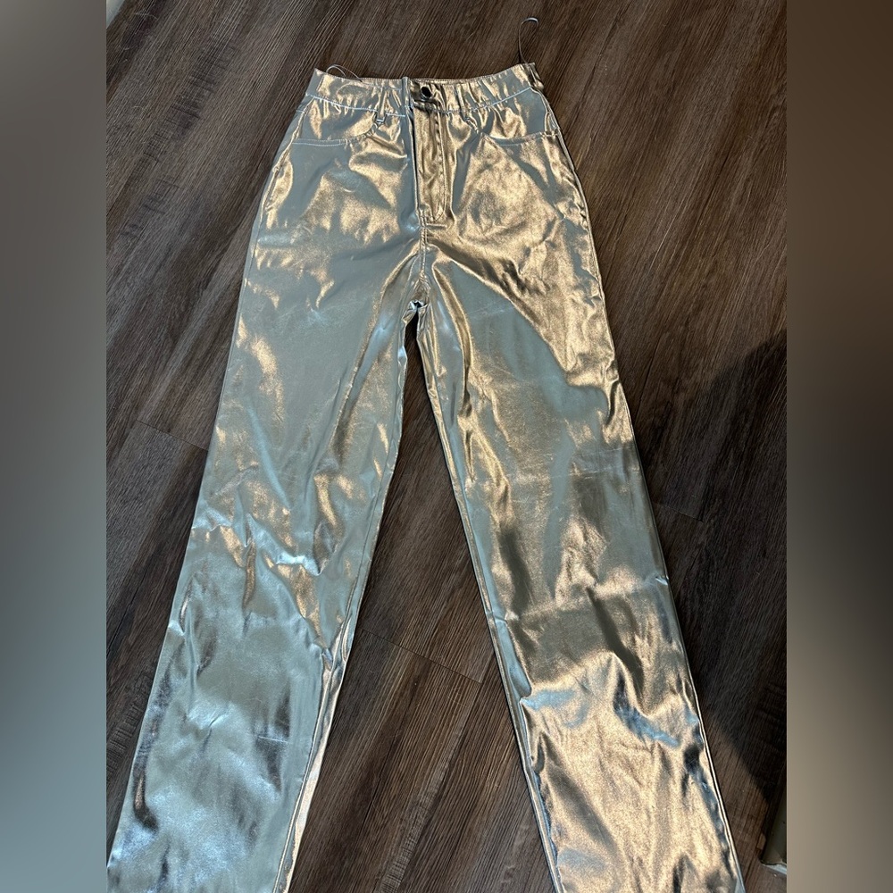 Metallic Silver Straight Leg Pants